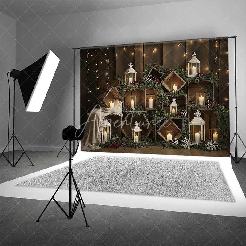 Aperturee - Aperturee Rustic Wooden Crate Christmas Backdrop Candle Lantern Photography Background Farmhouse Pine Winter Holiday Party Decor