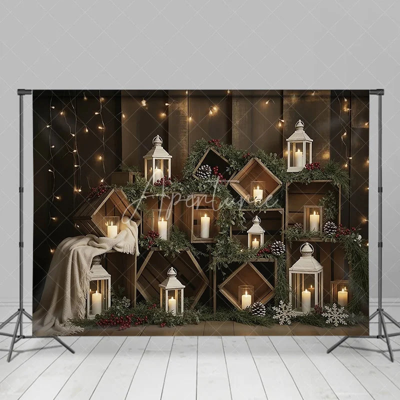 Aperturee - Aperturee Rustic Wooden Crate Christmas Backdrop Candle Lantern Photography Background Farmhouse Pine Winter Holiday Party Decor