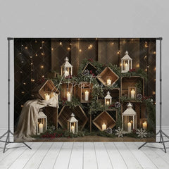 Aperturee - Aperturee Rustic Wooden Crate Christmas Backdrop Candle Lantern Photography Background Farmhouse Pine Winter Holiday Party Decor