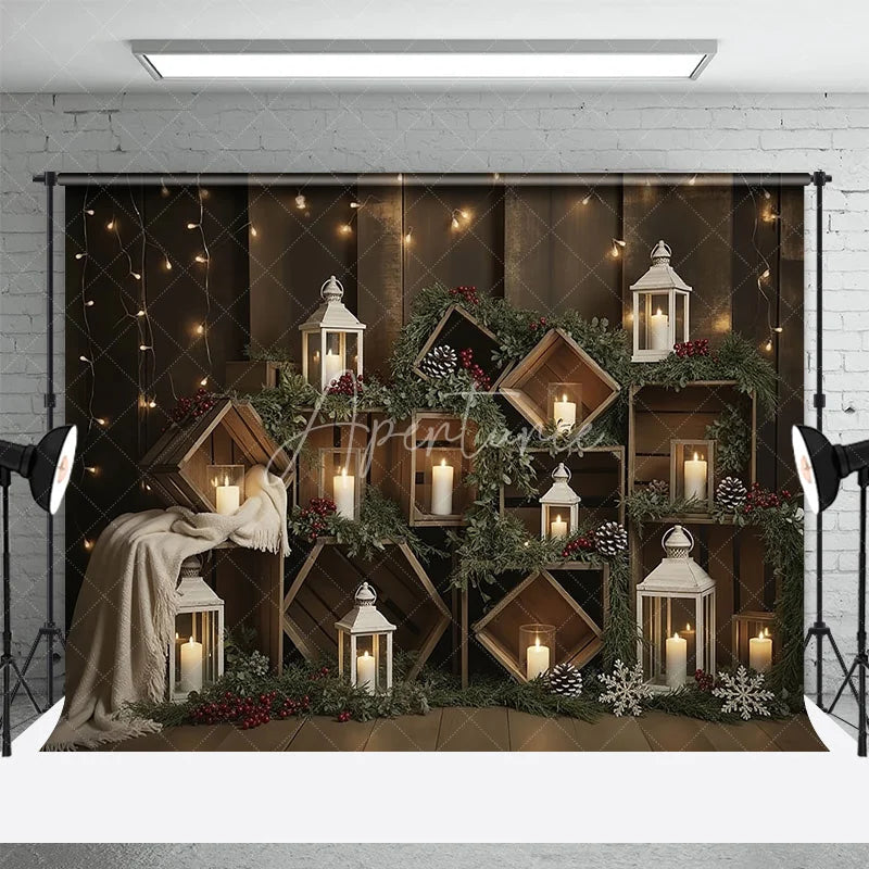 Aperturee - Aperturee Rustic Wooden Crate Christmas Backdrop Candle Lantern Photography Background Farmhouse Pine Winter Holiday Party Decor