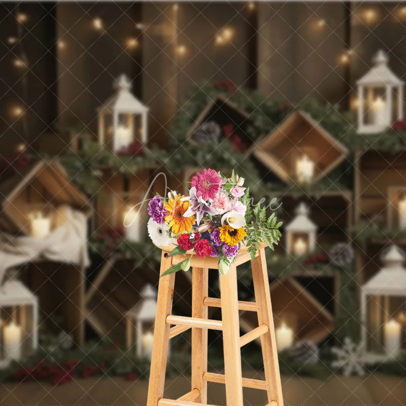 Aperturee - Aperturee Rustic Wooden Crate Christmas Backdrop Candle Lantern Photography Background Farmhouse Pine Winter Holiday Party Decor