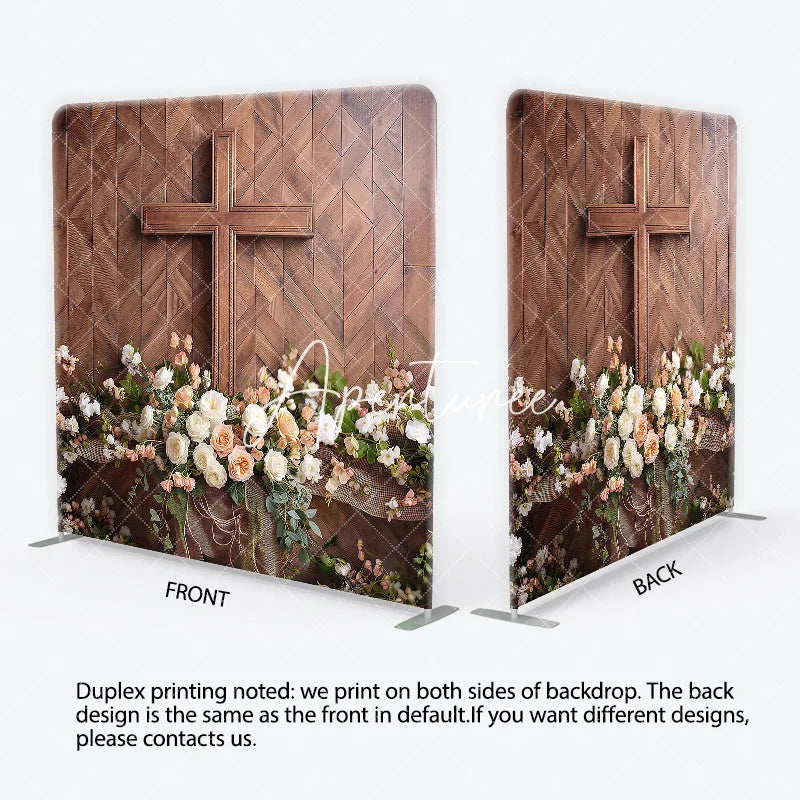 Aperturee - Aperturee Rustic Wooden Cross and Floral Square Double-Sided Backdrop Elegant White Peach Roses Wood Panel Background