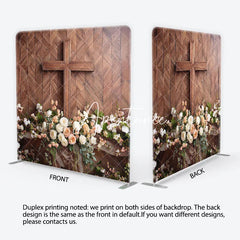 Aperturee - Aperturee Rustic Wooden Cross and Floral Square Double-Sided Backdrop Elegant White Peach Roses Wood Panel Background