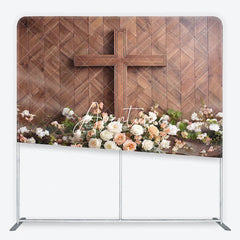 Aperturee - Aperturee Rustic Wooden Cross and Floral Square Double-Sided Backdrop Elegant White Peach Roses Wood Panel Background