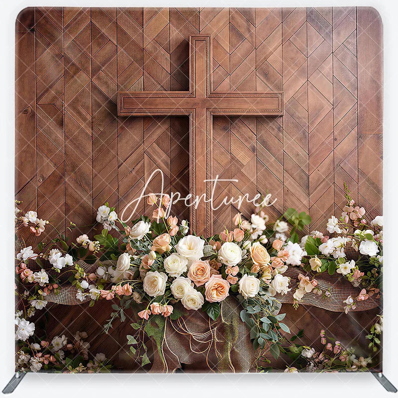 Aperturee - Aperturee Rustic Wooden Cross and Floral Square Double-Sided Backdrop Elegant White Peach Roses Wood Panel Background