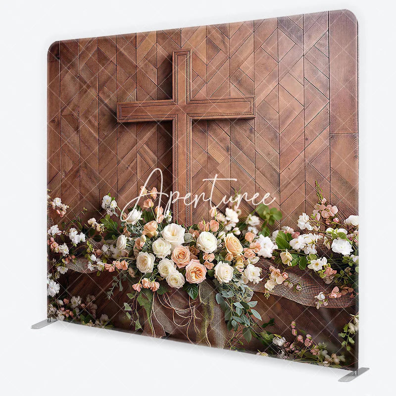 Aperturee - Aperturee Rustic Wooden Cross and Floral Square Double-Sided Backdrop Elegant White Peach Roses Wood Panel Background