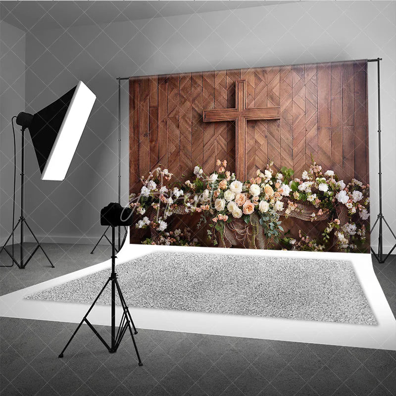 Aperturee - Aperturee Rustic Wooden Cross with White and Peach Floral Arrangement Photography Backdrop Elegant Religious Event Decor