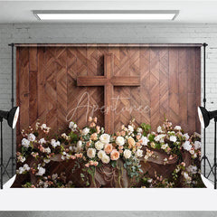 Aperturee - Aperturee Rustic Wooden Cross with White and Peach Floral Arrangement Photography Backdrop Elegant Religious Event Decor