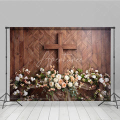 Aperturee - Aperturee Rustic Wooden Cross with White and Peach Floral Arrangement Photography Backdrop Elegant Religious Event Decor