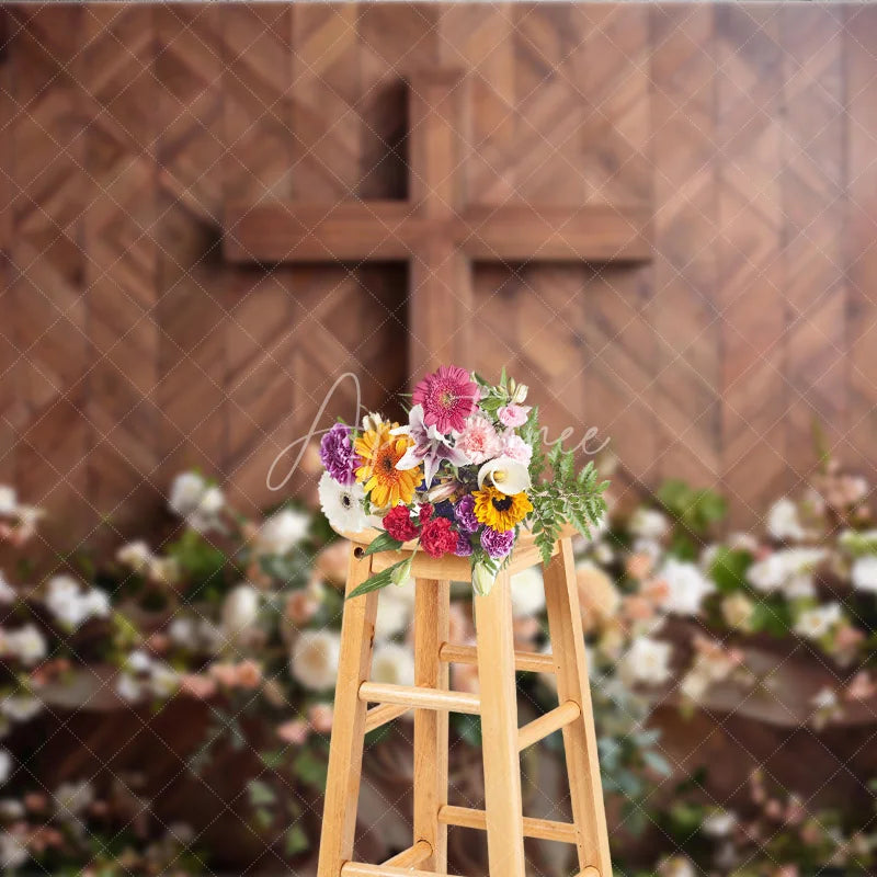 Aperturee - Aperturee Rustic Wooden Cross with White and Peach Floral Arrangement Photography Backdrop Elegant Religious Event Decor