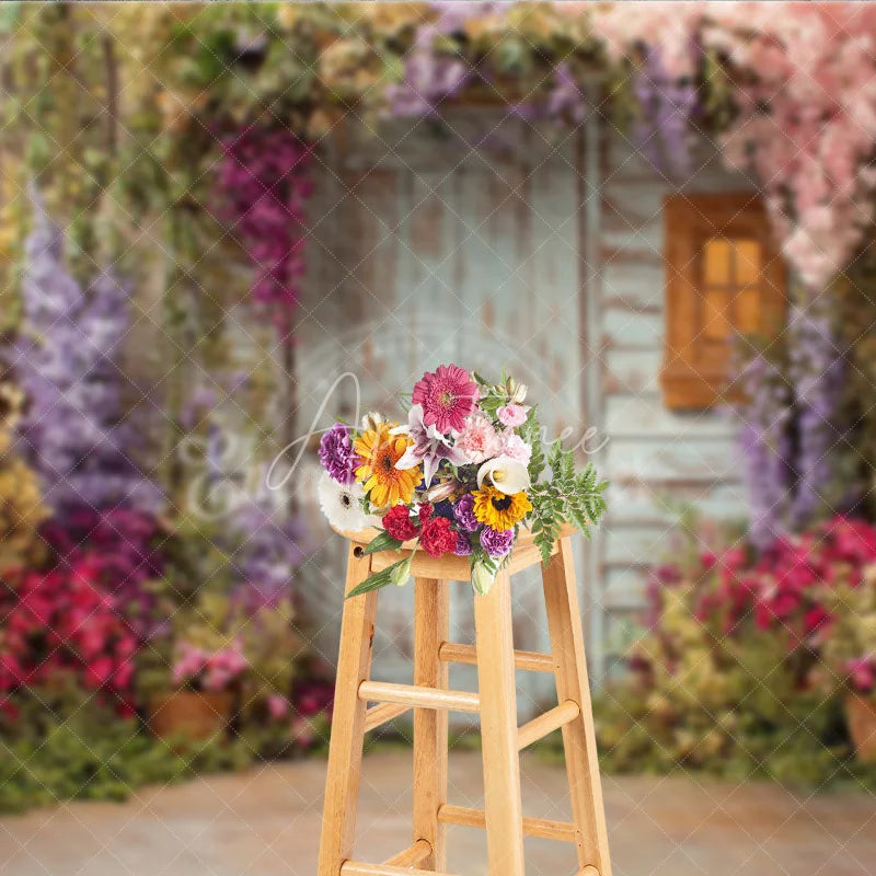 Aperturee - Aperturee Rustic Wooden Door and Window Photography Backdrop with Colorful Spring Flowers Enchanted Garden Scene