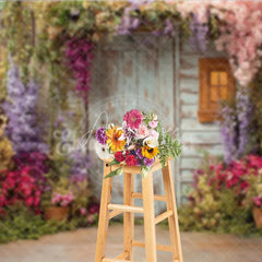 Aperturee - Aperturee Rustic Wooden Door and Window Photography Backdrop with Colorful Spring Flowers Enchanted Garden Scene