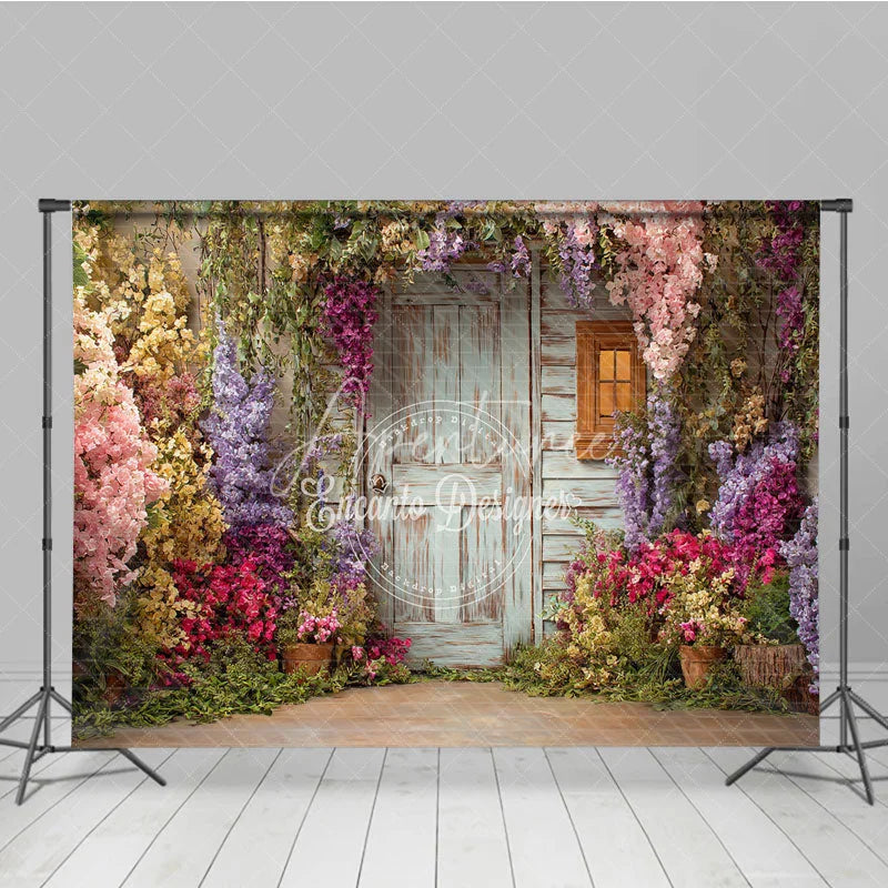 Aperturee - Aperturee Rustic Wooden Door and Window Photography Backdrop with Colorful Spring Flowers Enchanted Garden Scene