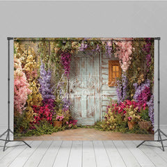 Aperturee - Aperturee Rustic Wooden Door and Window Photography Backdrop with Colorful Spring Flowers Enchanted Garden Scene