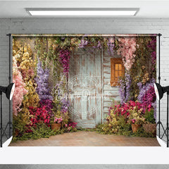 Aperturee - Aperturee Rustic Wooden Door and Window Photography Backdrop with Colorful Spring Flowers Enchanted Garden Scene