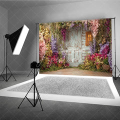 Aperturee - Aperturee Rustic Wooden Door and Window Photography Backdrop with Colorful Spring Flowers Enchanted Garden Scene