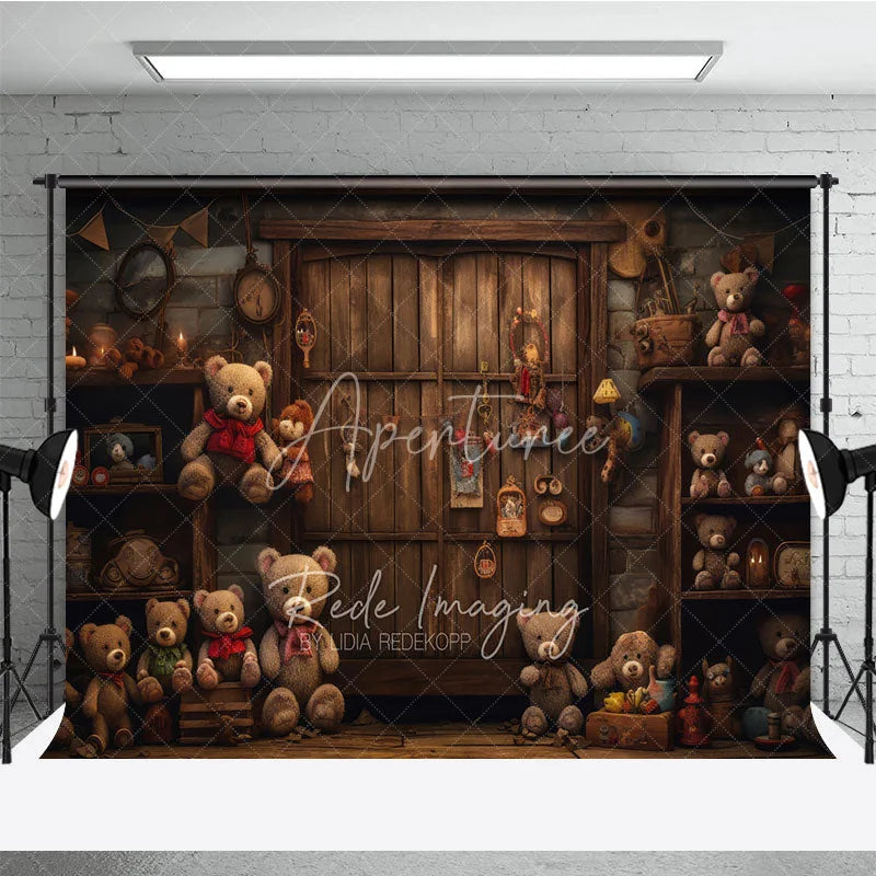 Aperturee - Aperturee Rustic Wooden Door Birthday Cake Smash Backdrop Vintage Teddy Bear Toy Store Background Child Photography Prop