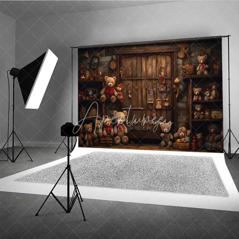 Aperturee - Aperturee Rustic Wooden Door Birthday Cake Smash Backdrop Vintage Teddy Bear Toy Store Background Child Photography Prop