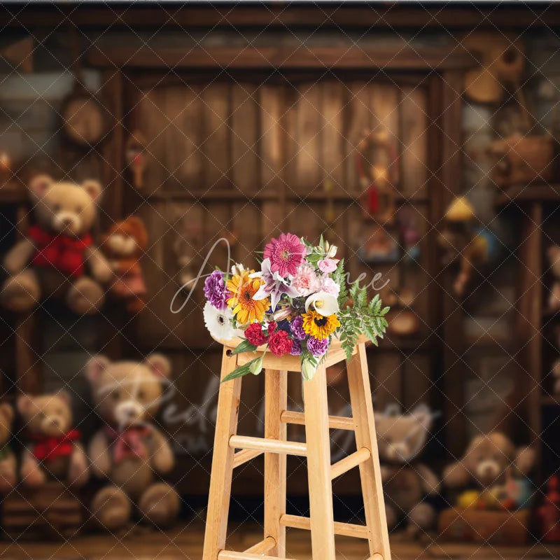 Aperturee - Aperturee Rustic Wooden Door Birthday Cake Smash Backdrop Vintage Teddy Bear Toy Store Background Child Photography Prop