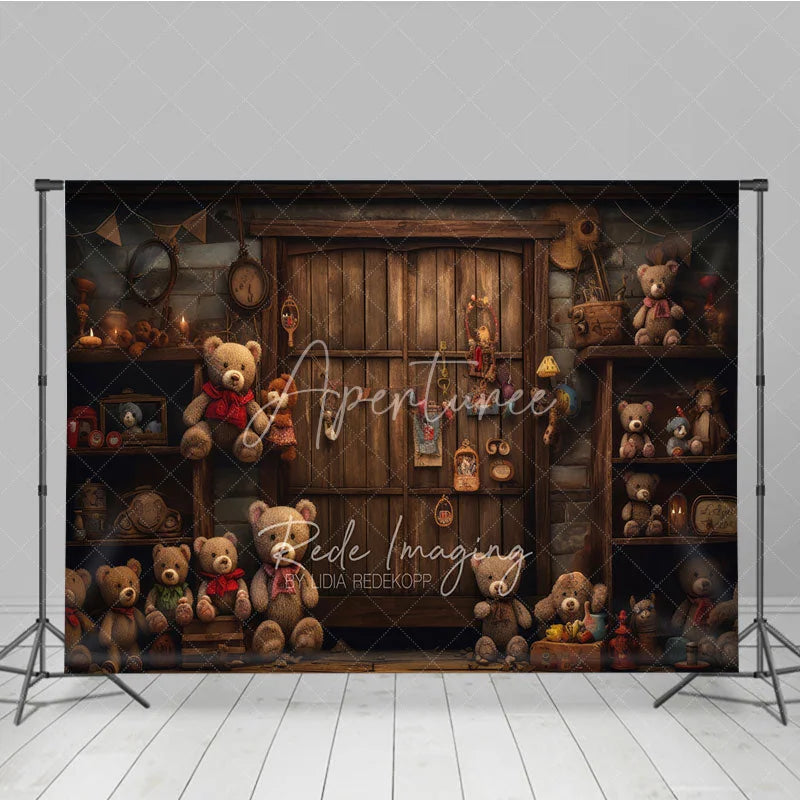 Aperturee - Aperturee Rustic Wooden Door Birthday Cake Smash Backdrop Vintage Teddy Bear Toy Store Background Child Photography Prop