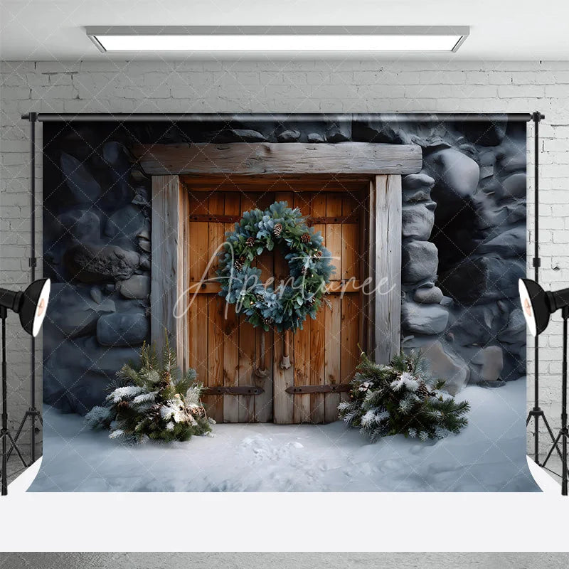 Aperturee - Aperturee Rustic Wooden Door Christmas Backdrop Stone Wall Wreath Photography Background Farmhouse Winter Snow Holiday Party