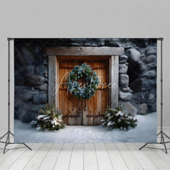 Aperturee - Aperturee Rustic Wooden Door Christmas Backdrop Stone Wall Wreath Photography Background Farmhouse Winter Snow Holiday Party