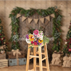 Aperturee - Aperturee Rustic Wooden Door Christmas Trees Holiday Backdrop Festive Red Green Decor and Burlap Presents