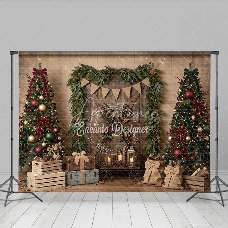 Aperturee - Aperturee Rustic Wooden Door Christmas Trees Holiday Backdrop Festive Red Green Decor and Burlap Presents
