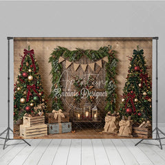 Aperturee - Aperturee Rustic Wooden Door Christmas Trees Holiday Backdrop Festive Red Green Decor and Burlap Presents