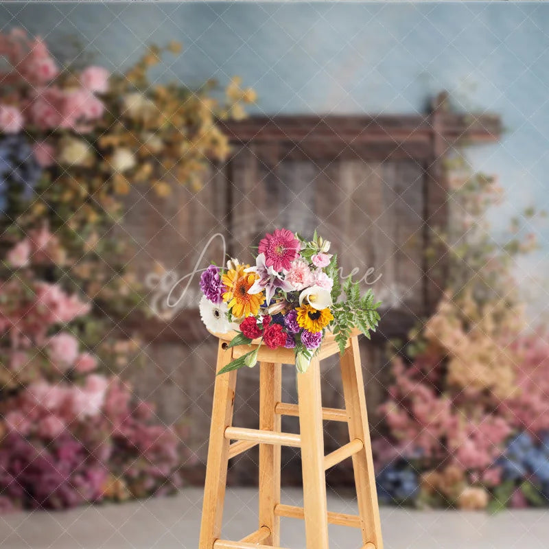 Aperturee - Aperturee Rustic Wooden Door Photography Backdrop Spring Flowers on Textured Wall Fine Art Painterly Photo Background