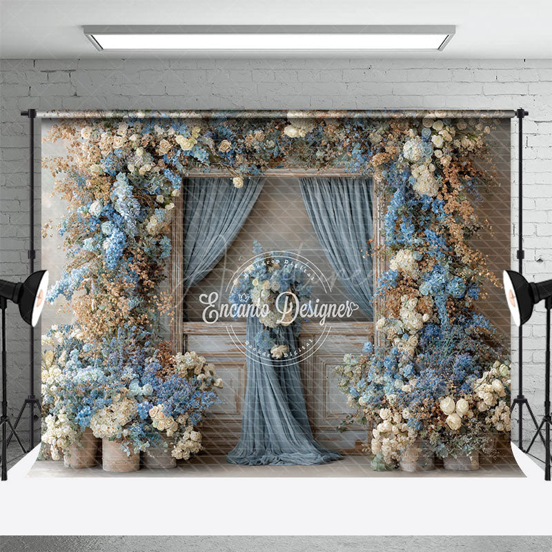 Aperturee - Aperturee Rustic Wooden Door Photography Backdrop with Dusty Blue Floral Farmhouse Wedding Moody Photo Background