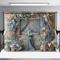 Aperturee - Aperturee Rustic Wooden Door Photography Backdrop with Dusty Blue Floral Farmhouse Wedding Moody Photo Background