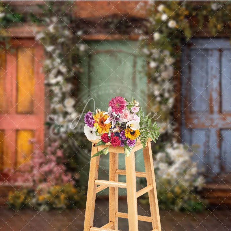 Aperturee - Aperturee Rustic Wooden Doors with Vibrant Floral Garlands Photography Backdrop Enchanted Garden Theme for Spring and Summer