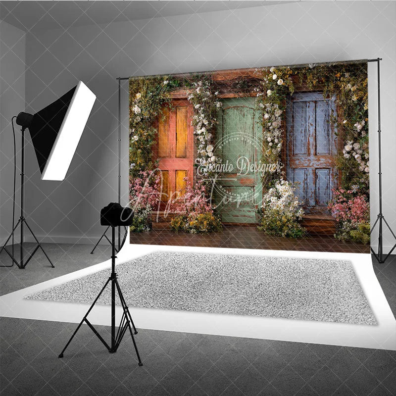 Aperturee - Aperturee Rustic Wooden Doors with Vibrant Floral Garlands Photography Backdrop Enchanted Garden Theme for Spring and Summer