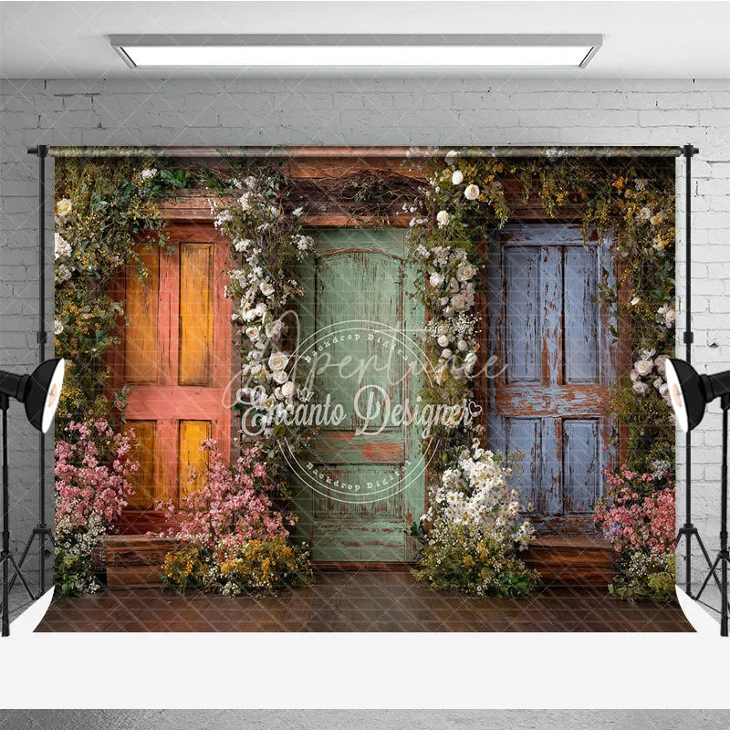 Aperturee - Aperturee Rustic Wooden Doors with Vibrant Floral Garlands Photography Backdrop Enchanted Garden Theme for Spring and Summer