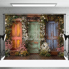 Aperturee - Aperturee Rustic Wooden Doors with Vibrant Floral Garlands Photography Backdrop Enchanted Garden Theme for Spring and Summer