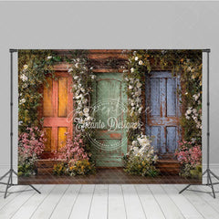 Aperturee - Aperturee Rustic Wooden Doors with Vibrant Floral Garlands Photography Backdrop Enchanted Garden Theme for Spring and Summer