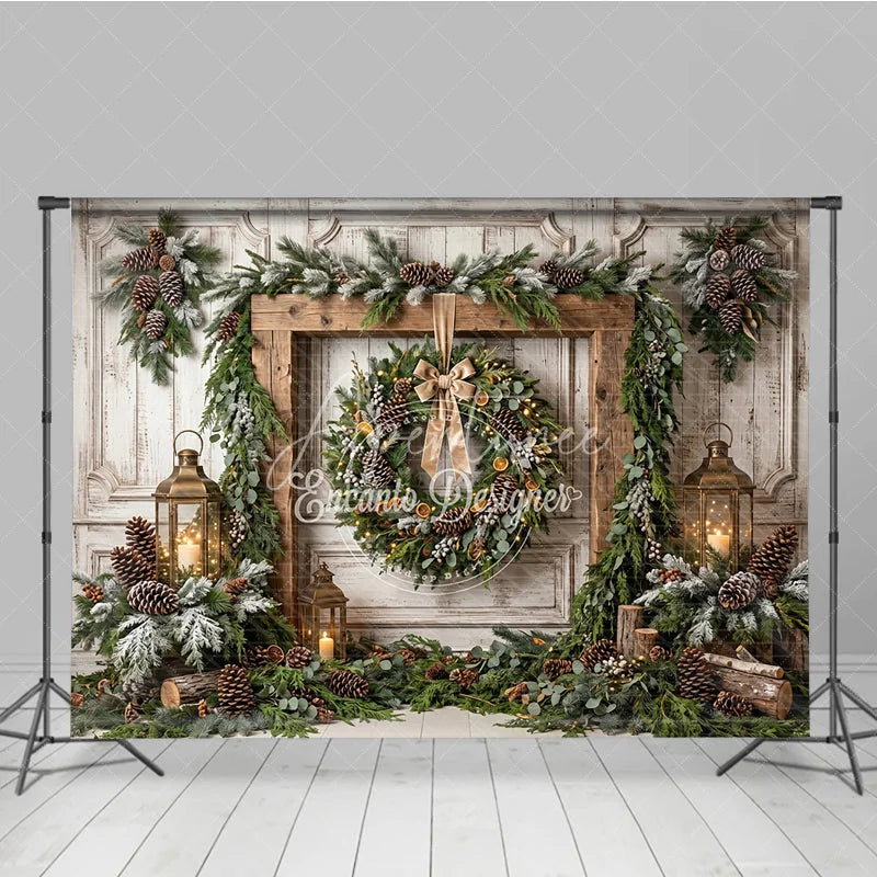 Aperturee - Aperturee Rustic Wooden Frame Holiday Backdrop with Festive Wreath Frosted Pinecones Warm Lanterns for Winter Celebration