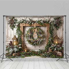 Aperturee - Aperturee Rustic Wooden Frame Holiday Backdrop with Festive Wreath Frosted Pinecones Warm Lanterns for Winter Celebration