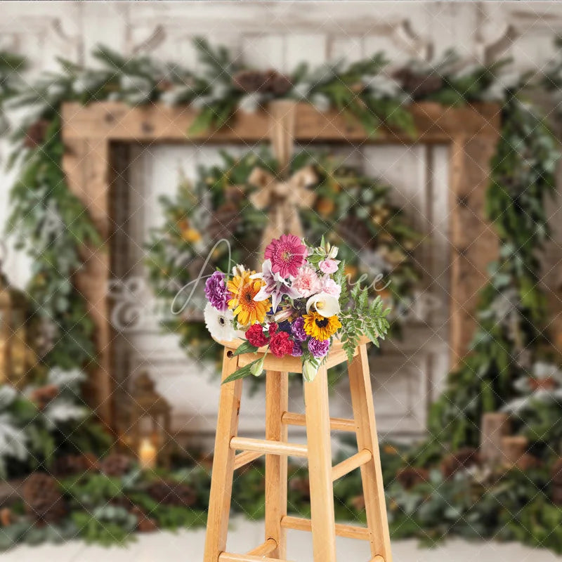 Aperturee - Aperturee Rustic Wooden Frame Holiday Backdrop with Festive Wreath Frosted Pinecones Warm Lanterns for Winter Celebration