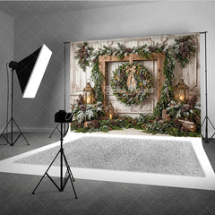 Aperturee - Aperturee Rustic Wooden Frame Holiday Backdrop with Festive Wreath Frosted Pinecones Warm Lanterns for Winter Celebration