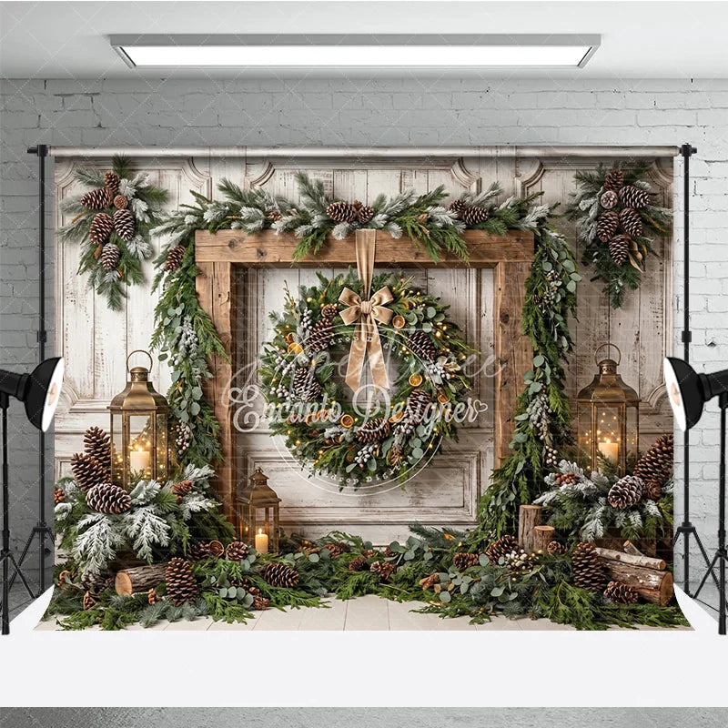Aperturee - Aperturee Rustic Wooden Frame Holiday Backdrop with Festive Wreath Frosted Pinecones Warm Lanterns for Winter Celebration
