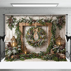 Aperturee - Aperturee Rustic Wooden Frame Holiday Backdrop with Festive Wreath Frosted Pinecones Warm Lanterns for Winter Celebration