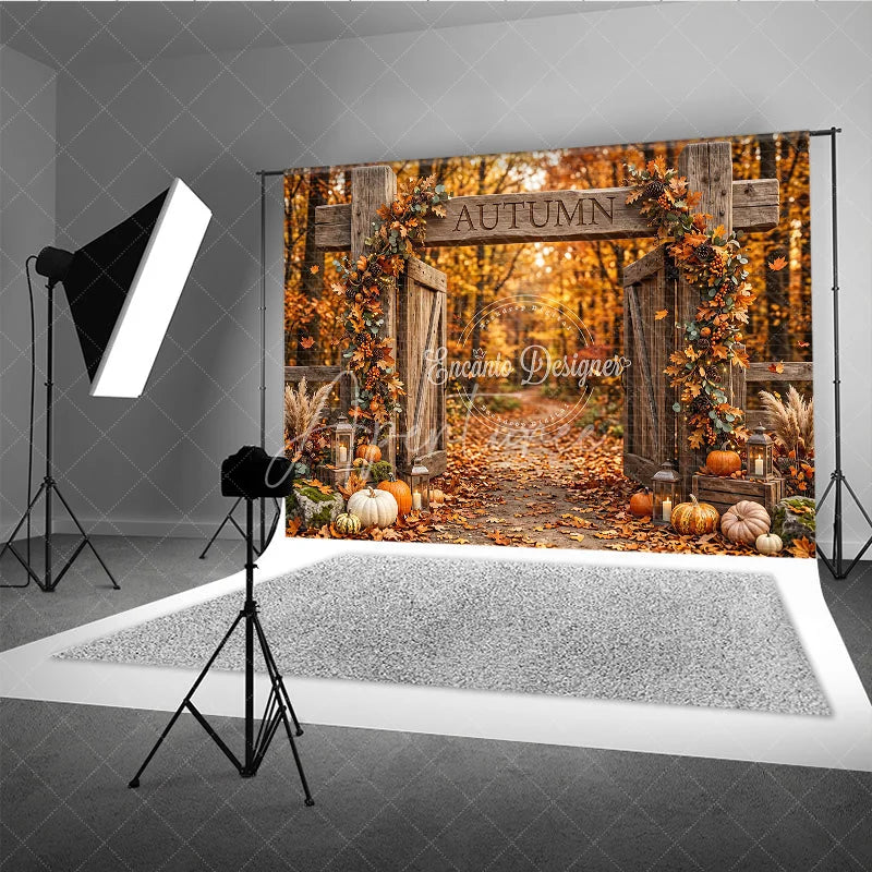Aperturee - Aperturee Rustic Wooden Gate Autumn Photography Backdrop with Fall Leaves Pumpkins and Lanterns Harvest Decor.