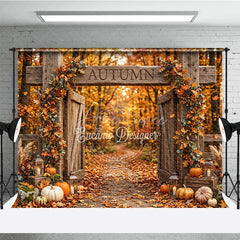 Aperturee - Aperturee Rustic Wooden Gate Autumn Photography Backdrop with Fall Leaves Pumpkins and Lanterns Harvest Decor.