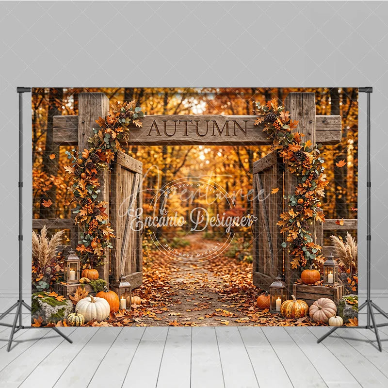Aperturee - Aperturee Rustic Wooden Gate Autumn Photography Backdrop with Fall Leaves Pumpkins and Lanterns Harvest Decor.