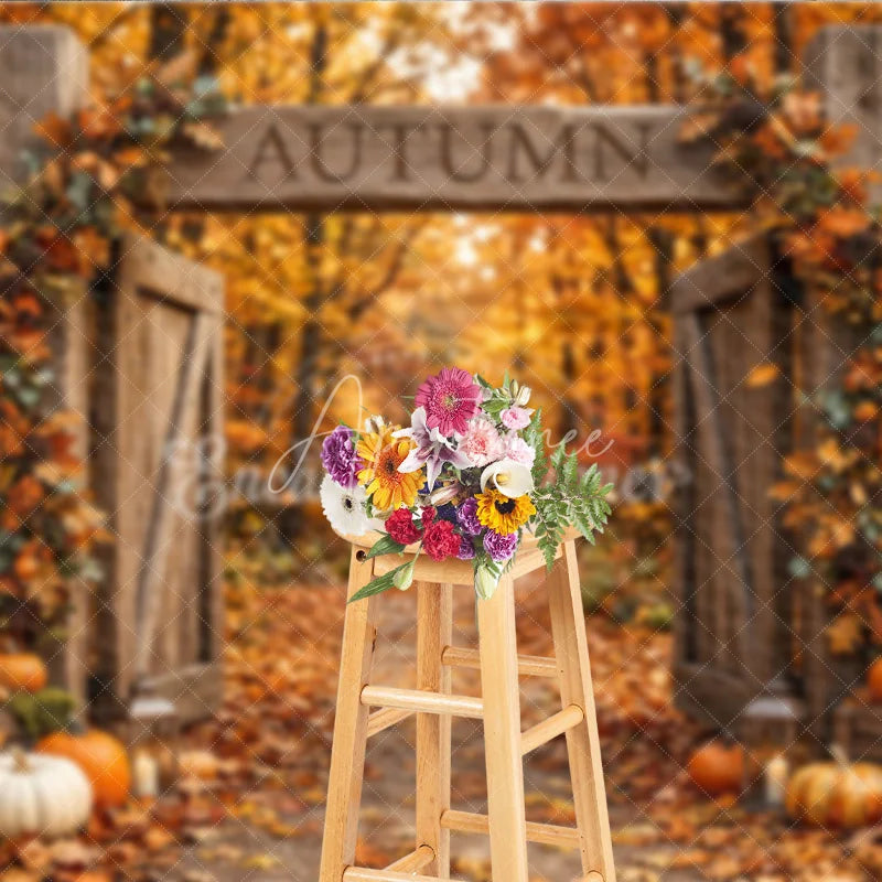 Aperturee - Aperturee Rustic Wooden Gate Autumn Photography Backdrop with Fall Leaves Pumpkins and Lanterns Harvest Decor.