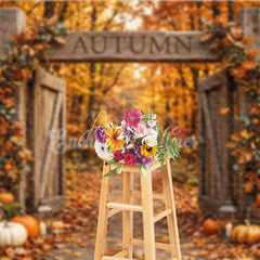 Aperturee - Aperturee Rustic Wooden Gate Autumn Photography Backdrop with Fall Leaves Pumpkins and Lanterns Harvest Decor.