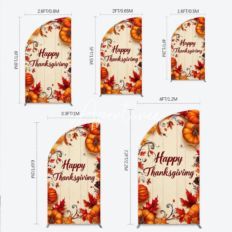 Aperturee - Aperturee Rustic Wooden Happy Thanksgiving Half Moon Arch Backdrop Autumn Pumpkins and Fall Leaves Decor