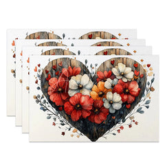 Aperturee - Aperturee Rustic Wooden Heart Floral Set of 4 Placemats Red White Flower Valentine Decoration Farmhouse Love Table Mat